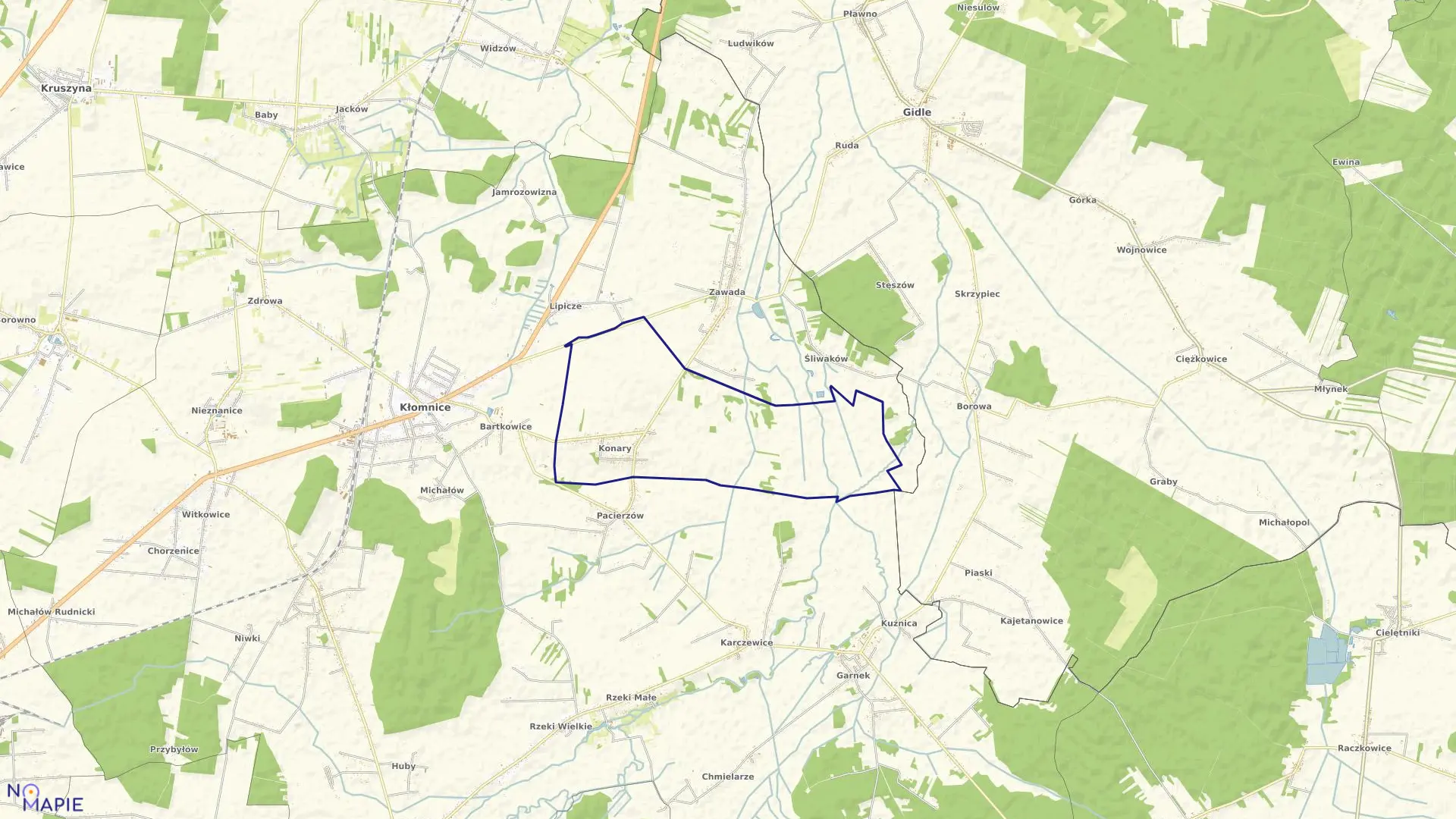 Mapa obrębu Konary w gminie Kłomnice