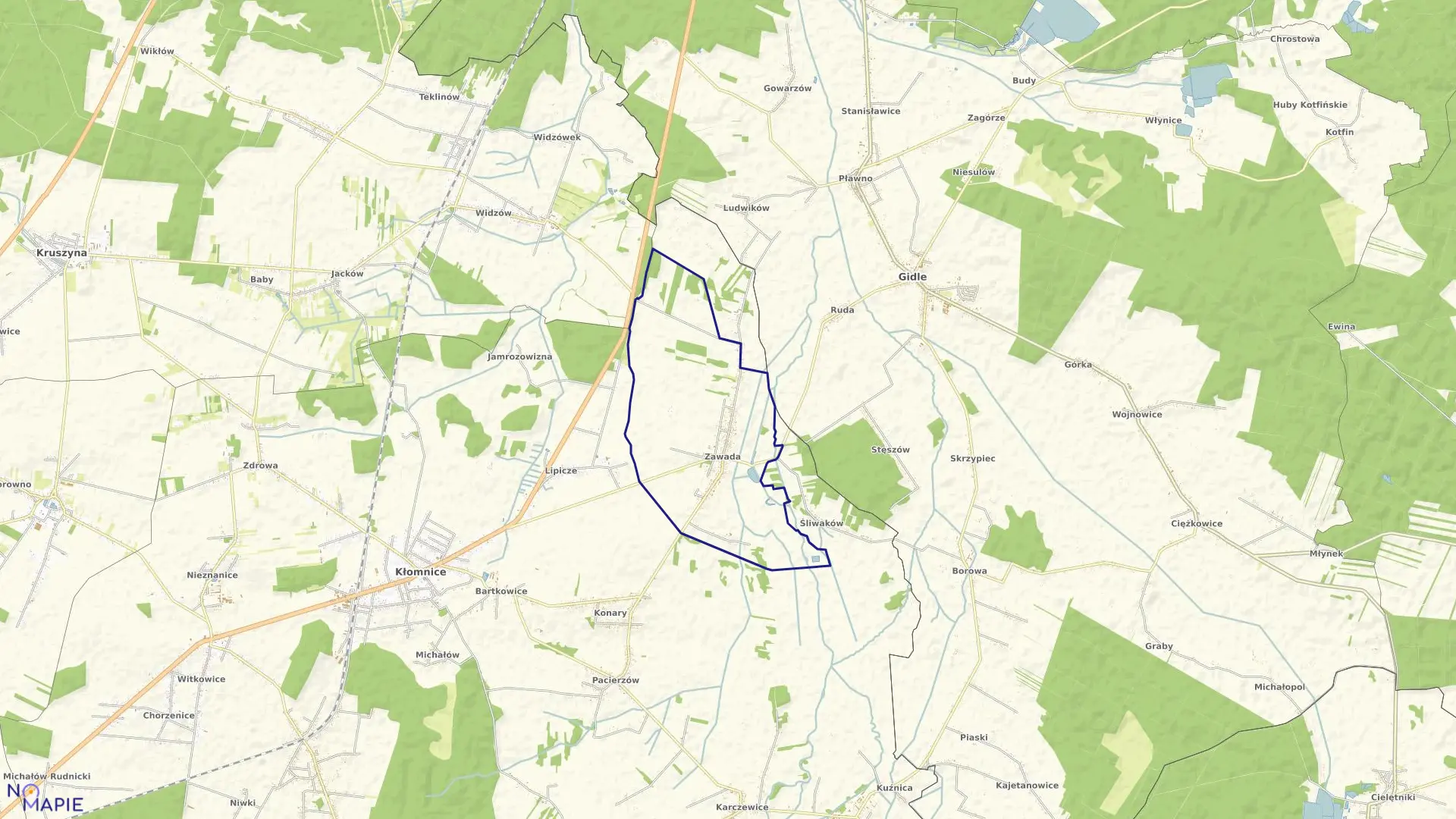 Mapa obrębu Zawada w gminie Kłomnice